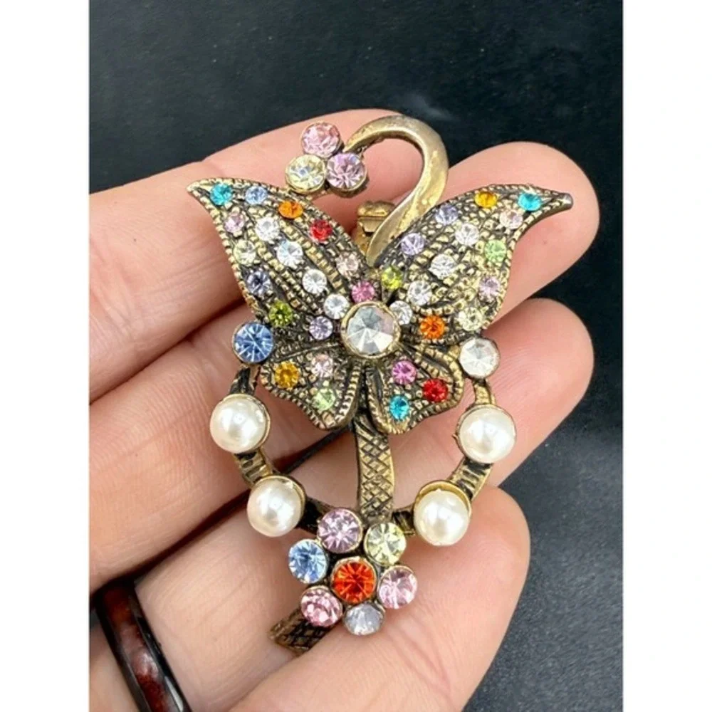 Vintage Butterfly Brooch Red Pink Clear Rhinestone Faux Pearl‎ Gold Tone